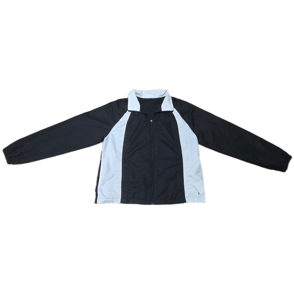 Danskin Now Womens Windbreaker Jacket Rich Black White‎ Full Zip Mesh Lined Sz L
